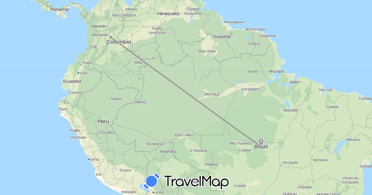 TravelMap itinerary: driving, plane in Brazil, Colombia (South America)